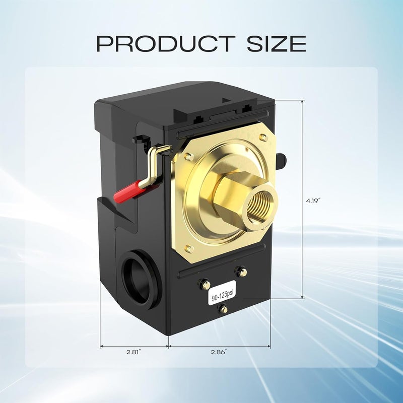 cnaodun مفتاح ضغط ضاغط الهواء، 90-125 PSI 26A مفتاح ضاغط الهواء 1/4 NPT خيط مفتاح ضغط منفذ واحد لمفتاح منظم ضغط الهواء - Image 2